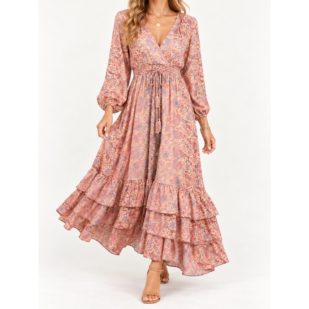 Chaudry Paisley Maxi Dress XL Boho Tiered Ruffle V-Neck Balloon Sleeve Pink Blue